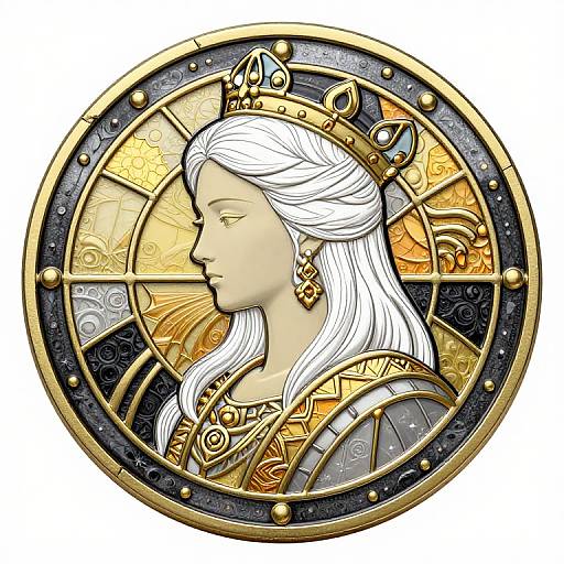 Detailed digital illustration of a regal woman with white hair, golden crown, and ornate jewelry, set within a circular, metallic, and gold-ton