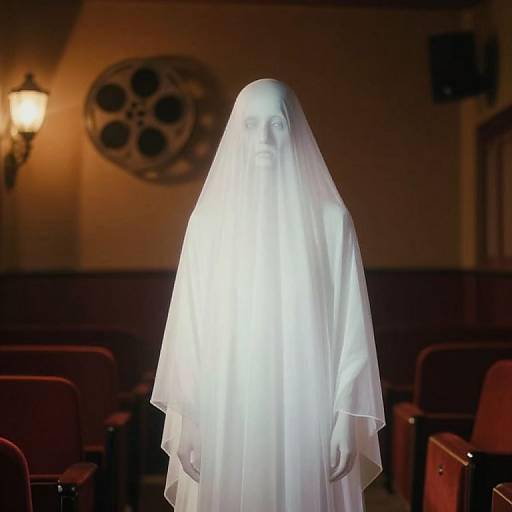 Photograph of a glowing white ghostly figure with a long, translucent veil standing in a dimly lit theater, surrounded by red cinema seats.