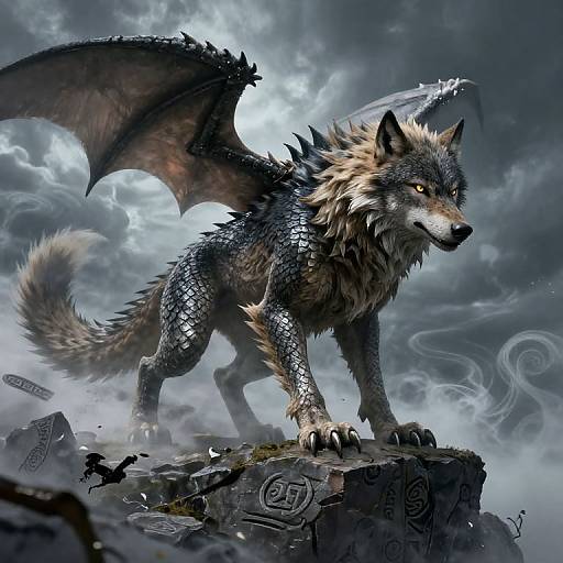Dragon-Wolf Hybrid on Rocky Cliff
