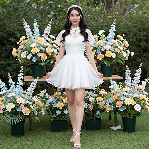 Photograph of an Asian woman with long black hair, wearing a white, short-sleeved, lace dress, and white heels, standing in front