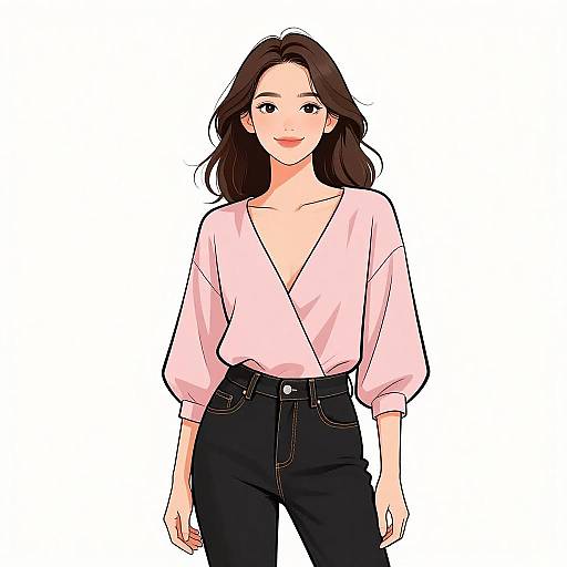 Digital anime-style illustration of a young woman with wavy brown hair, wearing a pink V-neck blouse and black high-waisted jeans, smiling against