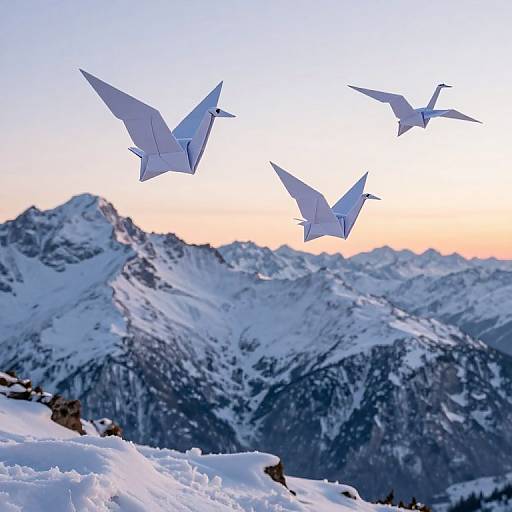Photograph of three white paper airplanes flying over a snowy mountain range at sunset, with a gradient sky from orange to blue.