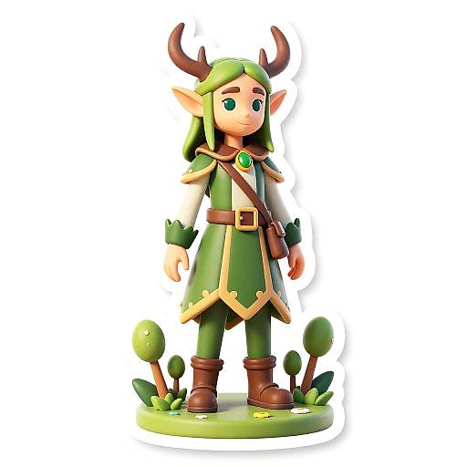 3D CGI fantasy character: green-haired elf with antlers, green and gold robe, brown belt, green pants, brown boots, standing on grass