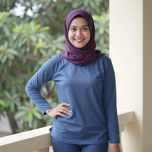 Smiling Asian Woman in Purple Hijab