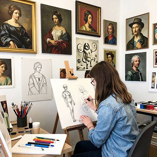 Artist with brown hair, denim jacket, drawing at easel, surrounded by classical paintings and sketches, in vibrant, cluttered studio.
