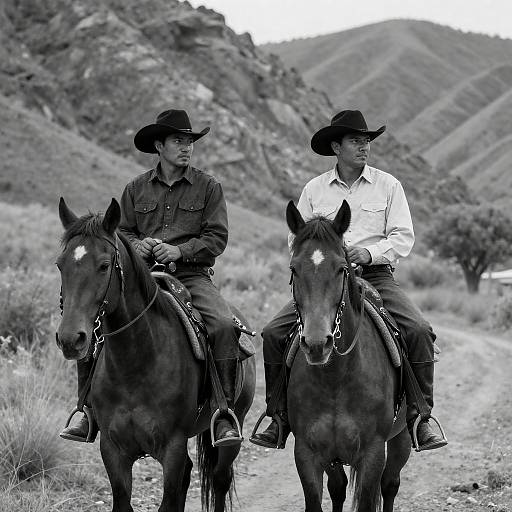 Two Cowboys Riding Horses in Mountainous Landscape
