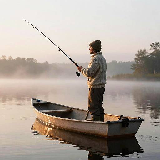 Elderly Fisherman at Dawn Lake