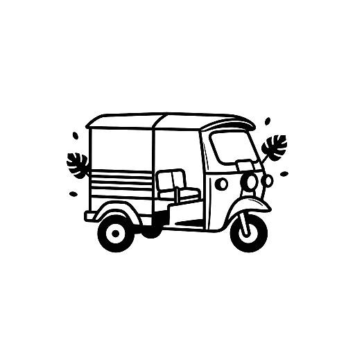 Black and white sketch of a simplistic, cartoon-style auto-rickshaw with minimal lines and details, positioned sideways on a white background.