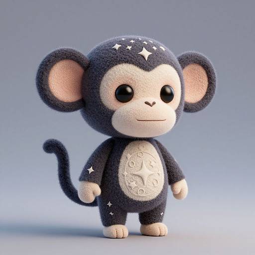 Cute, plush-style CGI monkey with dark blue fur, white star-patterned head, and a white starry chest, standing against a gradient blue