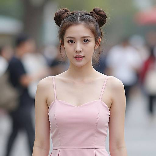 Photograph of an East Asian woman with fair skin, dark hair in double buns, wearing a pale pink, spaghetti-strap dress, standing in