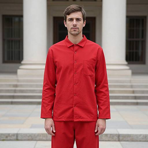 Photograph of a serious, brown-haired man in a bright red prison uniform standing in front of white columns and stone steps.