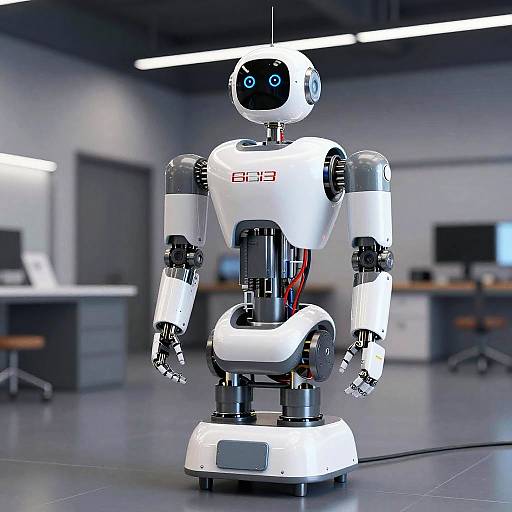 Photograph of a sleek, white, humanoid robot with blue eyes, labeled 