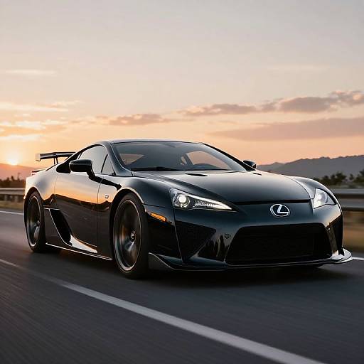 Photograph of a sleek, black, modified Hyundai sports car with aggressive styling, driving on a highway at sunset, with mountains and a colorful sky in