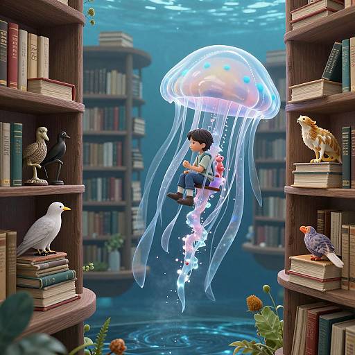 Digital illustration: A boy with black hair in a blue shirt floats in a glowing jellyfish between book-filled shelves, surrounded by birds and underwater plants.