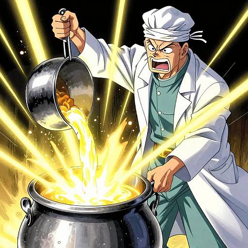 Anime-style drawing: Angry scientist in white lab coat and turban pours glowing yellow potion from pot, causing explosion. Bright yellow rays burst outward, illumin