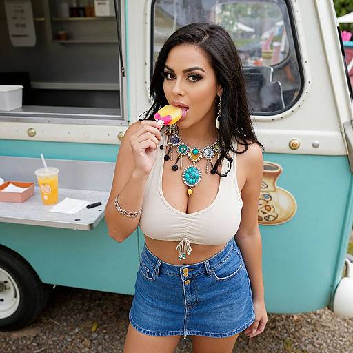 Photograph of a dark-haired woman with large breasts, wearing a white crop top and blue skirt, licking a colorful popsicle at a vintage teal ice