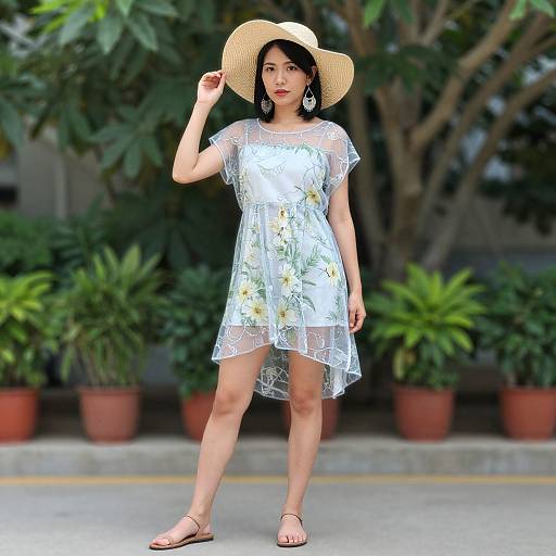 Photograph of an Asian woman in a white floral dress, straw hat, and sandals, standing on a street with potted plants in the background.