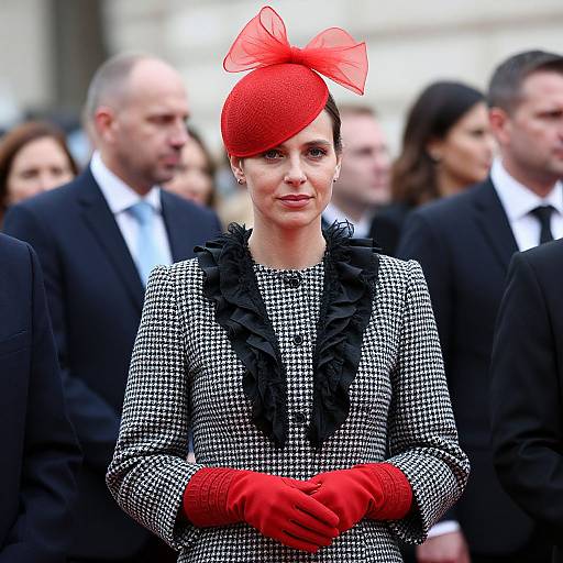 Photograph of a woman in a black-and-white houndstooth dress with red gloves and hat, standing among formally dressed men.