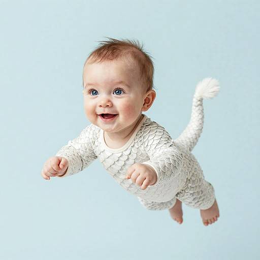 Photograph of a smiling baby with blue eyes, wearing a white, textured onesie, floating mid-air against a light blue background.