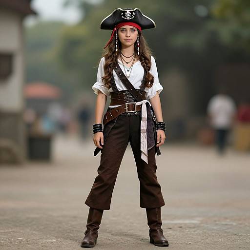 Photograph of a young girl as a pirate, wearing a black tricorn hat, white shirt, black pants, brown belt, and boots, standing
