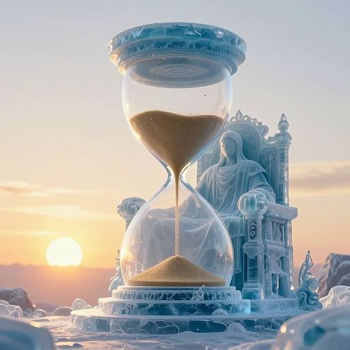 Photograph of an hourglass with sand flowing, set against a sunset backdrop, flanked by a detailed, frosty, classical-style throne and angel
