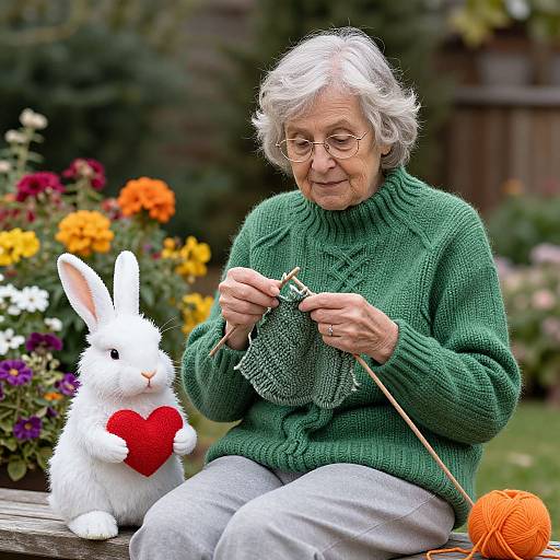 Photograph of an elderly woman with gray hair, wearing a green knitted sweater, knitting beside a white bunny with a red heart. Background: colorful