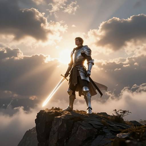 Epic photograph of a silhouetted armored knight with glowing sword standing on a rocky cliff at sunset, with radiant sunbeams piercing through dramatic