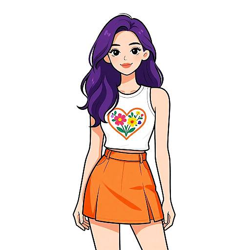 Digital anime-style drawing of a young woman with long purple hair, wearing a white sleeveless top with a colorful flower heart, and an orange pleated