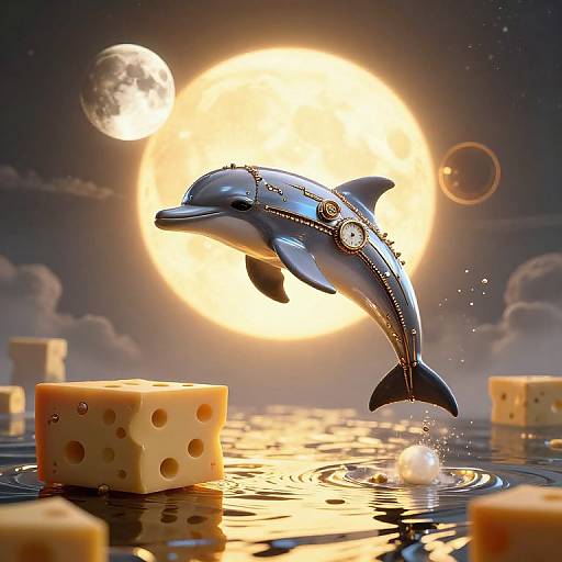 Digital artwork of a jewel-ornamented dolphin jumping mid-air over a reflective water surface, with scattered dice and a luminous full moon in the
