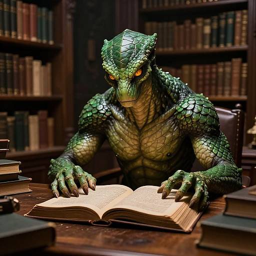 Digital artwork of a muscular, green-scaled lizard-man with glowing orange eyes reading an open book in a dimly lit, wooden library.