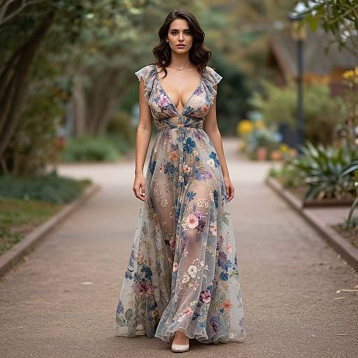 Photograph of a curvy woman with long dark hair, wearing a sheer, floral-printed, deep V-neck gown, walking down a sunlit