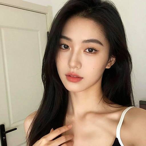 Photograph of an Asian woman with long black hair, fair skin, and red lipstick, wearing a white strap top, gazing softly at the camera