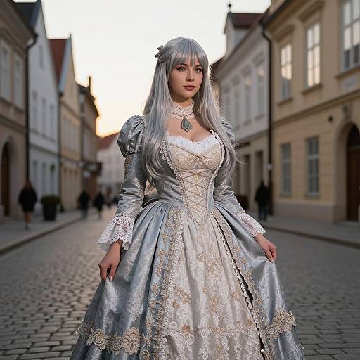 Photograph of a silver-haired woman in a detailed, silver and white, Renaissance-style dress standing on a cobblestone street with historic buildings in the
