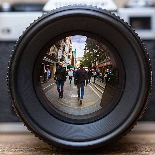 Photograph of a large camera lens centered, reflecting a bustling urban street with pedestrians, buildings, and a cloudy sky.