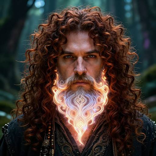 Photorealistic digital art: intense, muscular man with long, curly brown hair and glowing, fiery beard in dark, detailed medieval attire, standing in