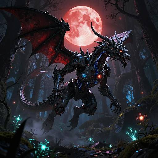 Cybernetic Dragon Over Haunted Forest