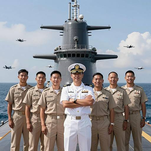 Naval Officer and Crew on Submarine Deck