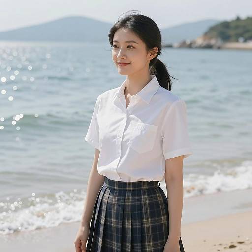 Smiling Asian Woman by the Beach