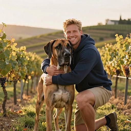 Man Hugging Great Dane in Vineyard at Golden Hour