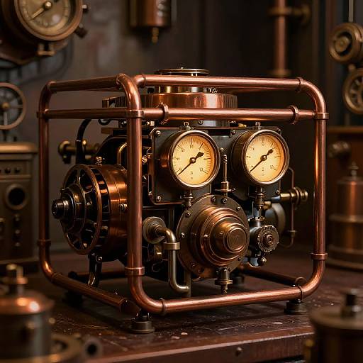 Photograph of a vintage, copper-framed, steam-powered clock mechanism with two glowing, analog dials, set on a dark wooden surface, surrounded
