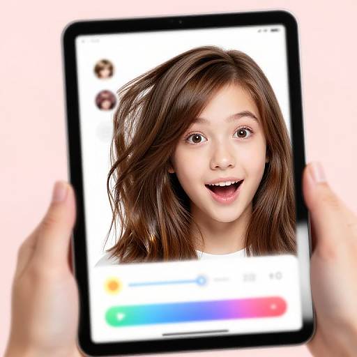Photograph of a young girl with brown hair, wide eyes, and open mouth, displayed on a smartphone screen held by hands.