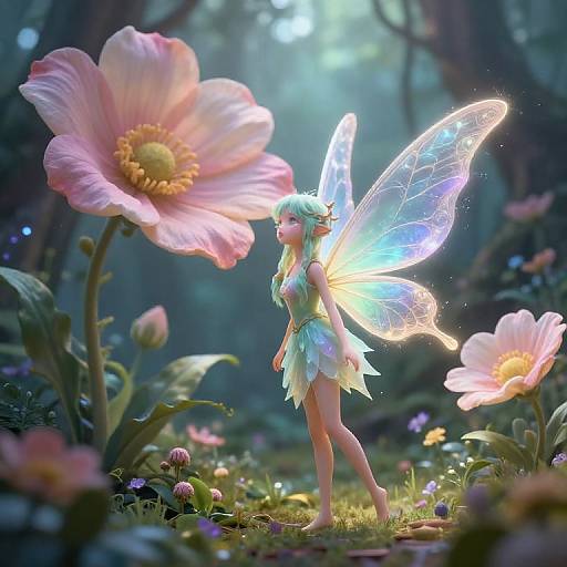 Digital fairy art: A glowing fairy with iridescent wings and leafy green dress stands among large pink flowers in a magical forest, sunlight filtering through