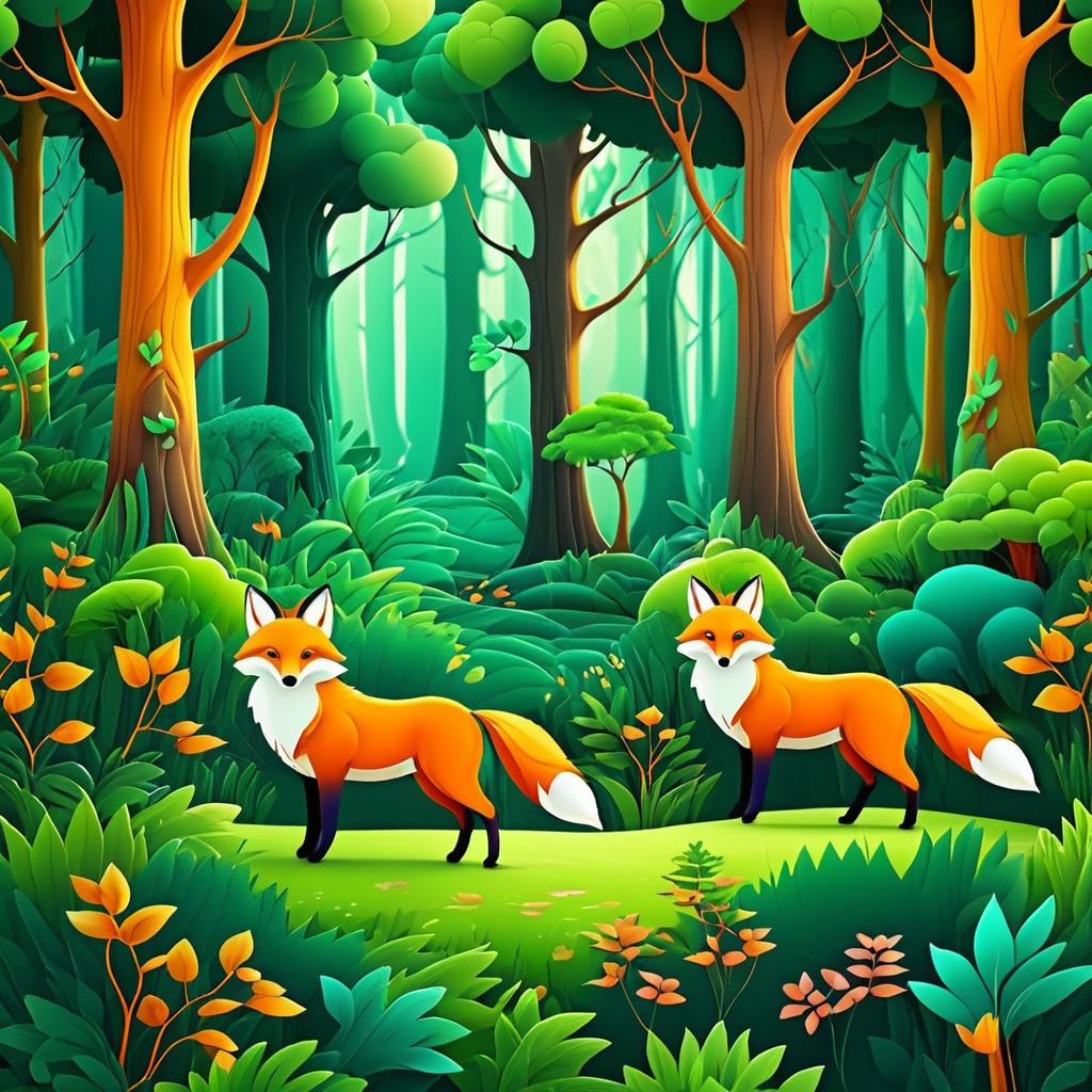 Playful Foxes in a Lush Cartoon Forest