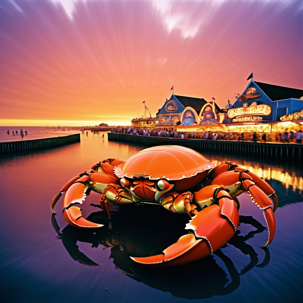 Giant Crab vs Seaside Carnival at Sunset