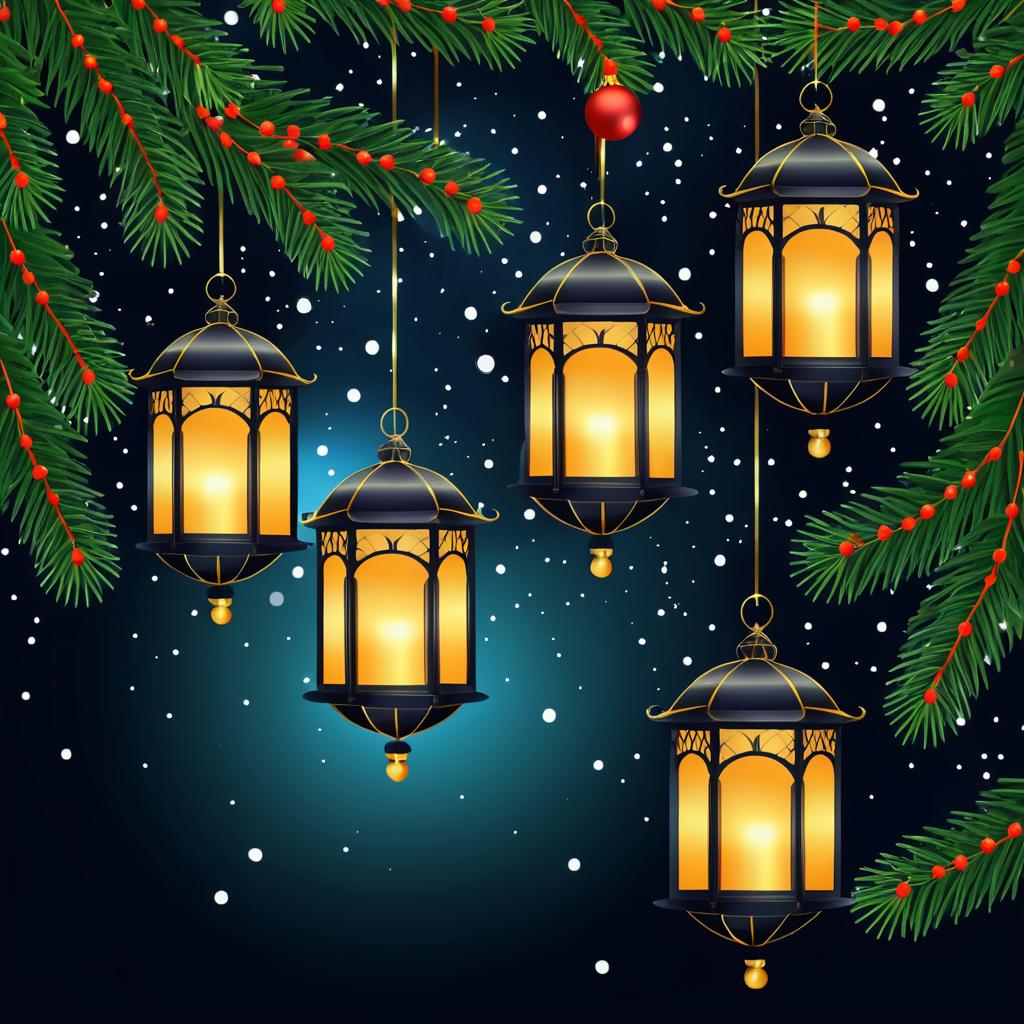 Festive Christmas Lanterns on Fir Branch