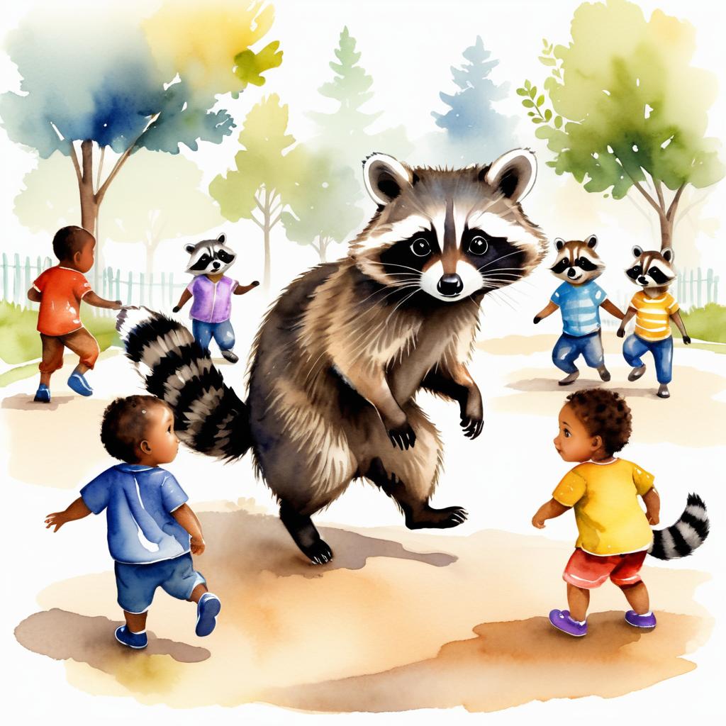 Raccoon Cub and Toddler Playground Adventure