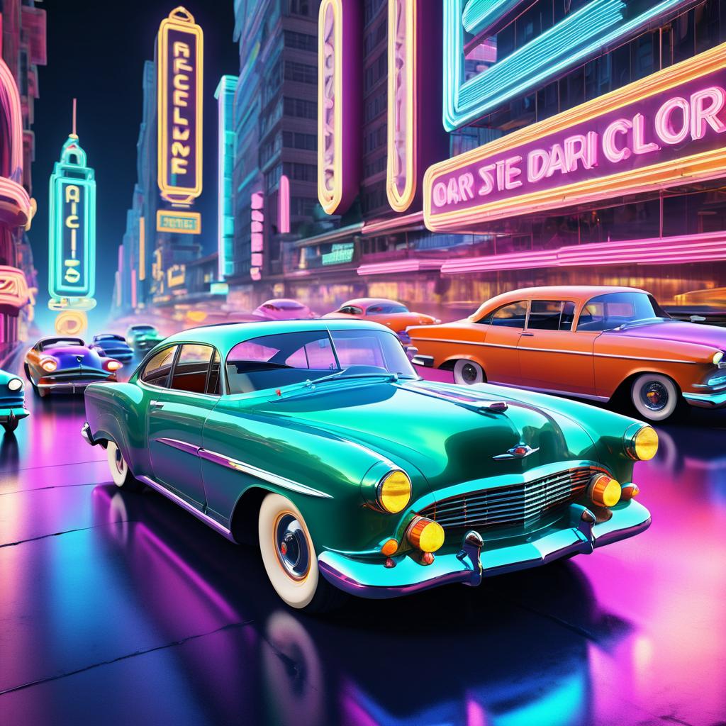 Vintage Car Racing Through Neon City Art