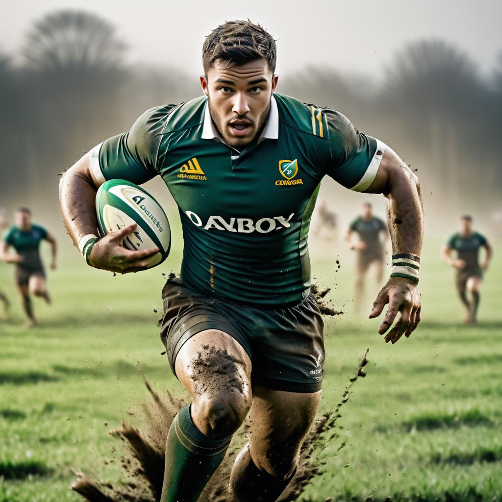 Action-Packed Rugby Sprint in Mud