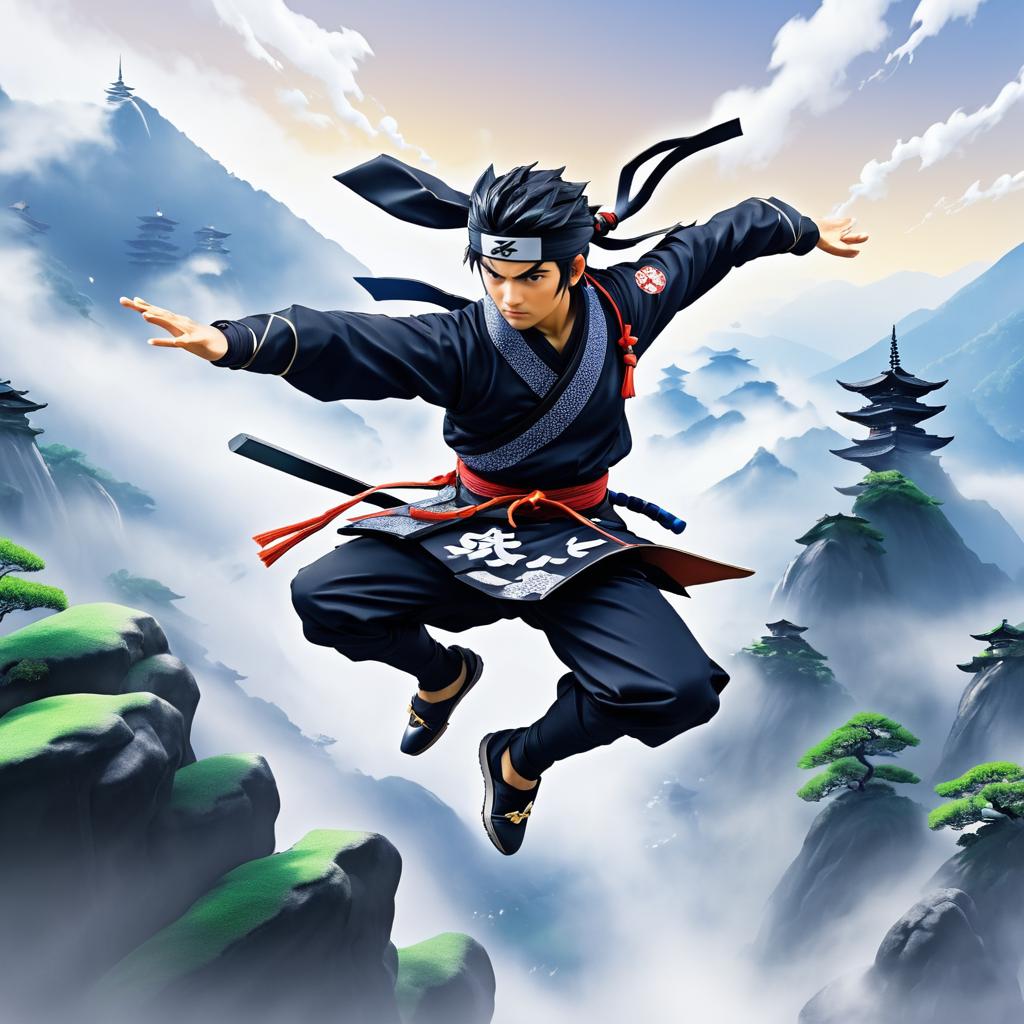 Dynamic Ninja in Misty Mountain Scene