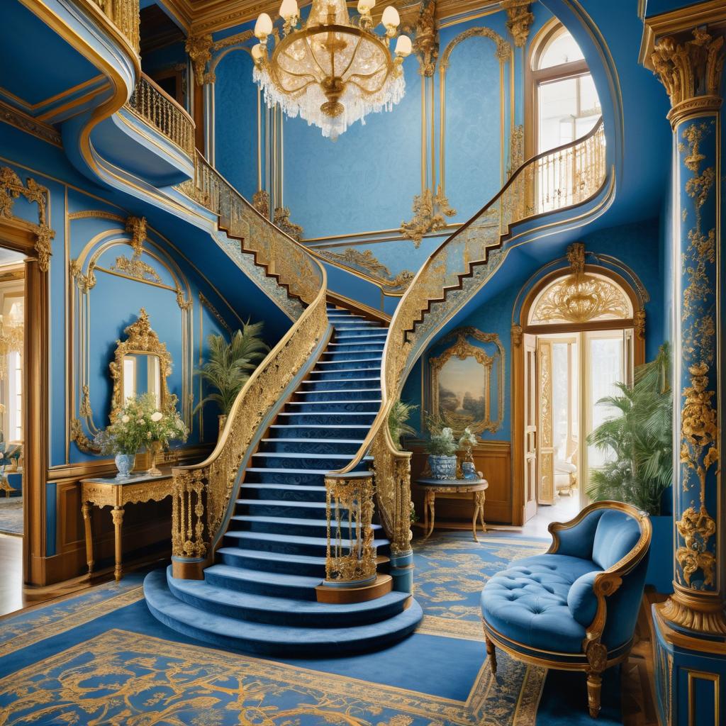 Luxurious Staircase in Soft Blue and Gold